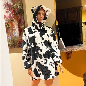 Black & White cow long plush hoodie XS Teddy pullover with ears (runs big)